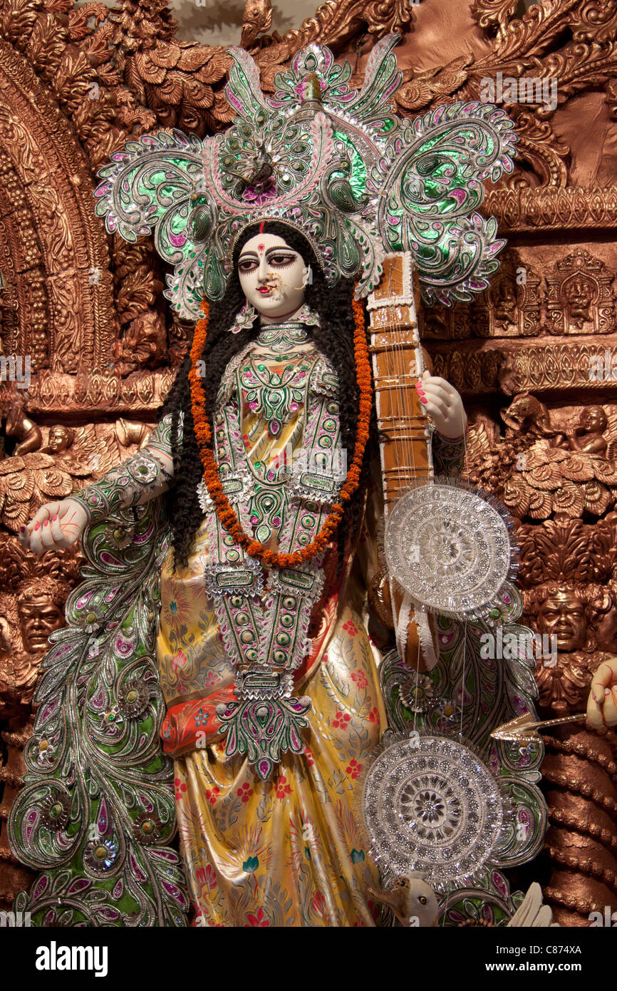 Saraswati Maa idol decorated for puja